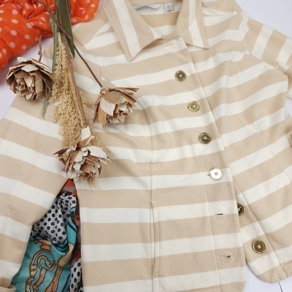 Isaac Mizrahi Cream Tan Stripe Cotton Sweater Blazer Sz S - Picture 2 of 14
